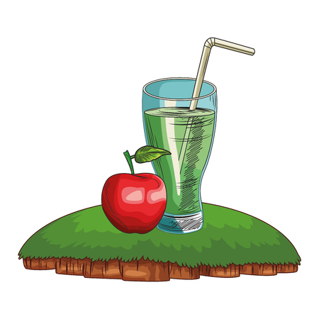 Fresh fruit nutrition healthy grouped apple and juice glass fitness diet options grass background frame vector illustration graphic designのイラスト素材