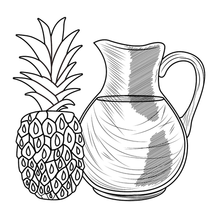 Fresh fruit nutrition healthy grouped pineapple and juice jar fitness diet options drawing black and white vector illustration graphic designのイラスト素材