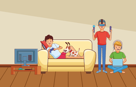 Video Game Scene Young Men Friends Playing On Couch Virtual