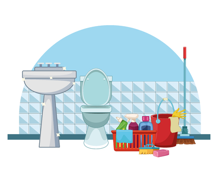 housekeeping cleaning bathroom products bucket supplies with broom and mop elements cartoon vector illustration graphic designのイラスト素材