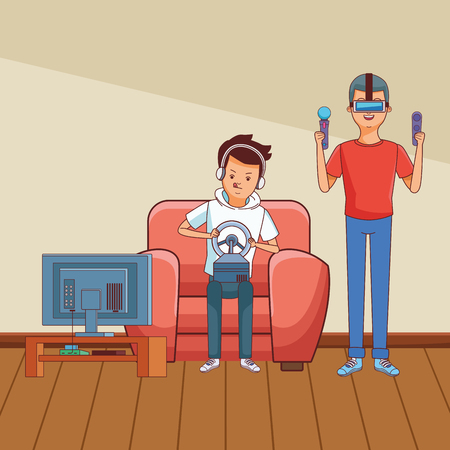 Video Game Scene Young Men Friends Playing On Couch Virtual