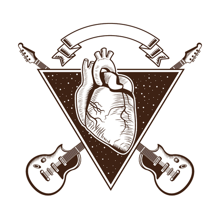 rock and roll metal dark heart with wings and guitars instruments concept cartoon  vector illustration editableのイラスト素材