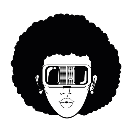 woman head with virtual reality headset face avatar cartoon character black and white vector illustration graphic designのイラスト素材