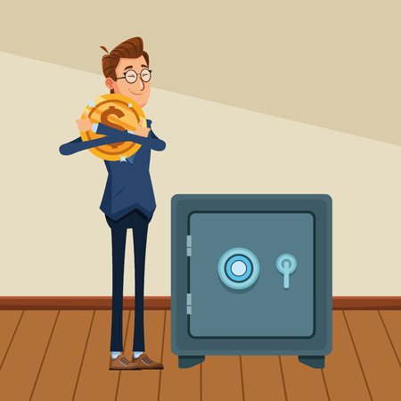 businessman hugging a big coin next to a safe box indoor in office backgroundのイラスト素材