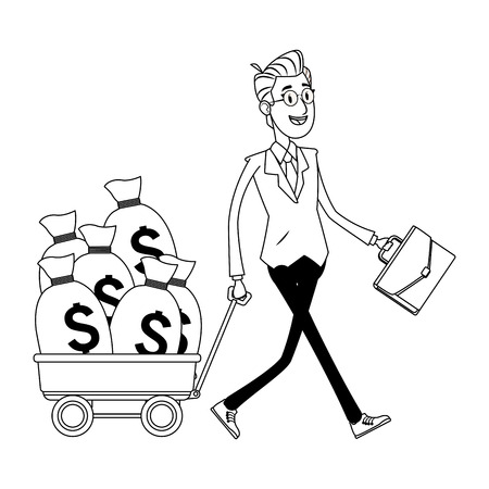 businessman pulling a wagon with some money bags and a briefcase black and white vector illustration graphic designのイラスト素材