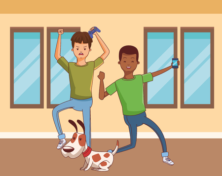 Millennial people gaming party using smartphone and cute pet dog vector illustration graphic designのイラスト素材