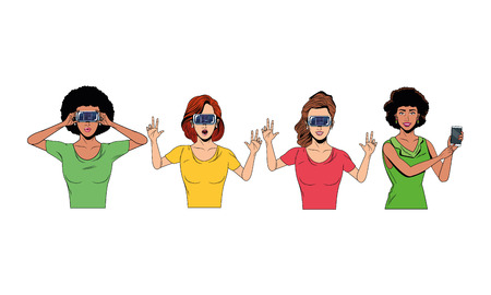 women with virtual reality headset and cellphone avatar cartoon character vector illustration graphic designのイラスト素材