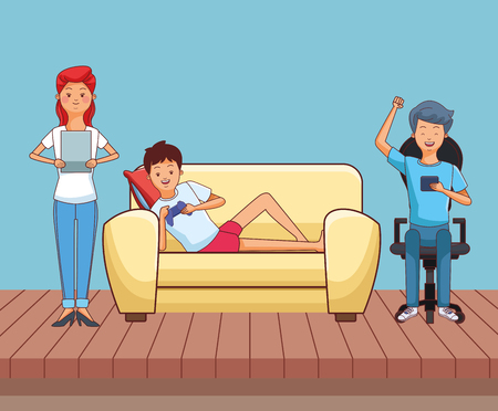 Millennial people gaming party guy sitting on couch playing holding controller using smartphone tablet user vector illustration graphic designのイラスト素材