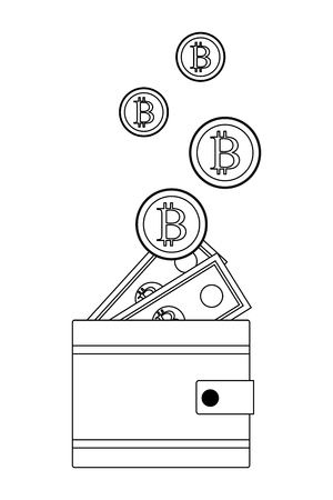 wallet with cryptocurrency bitcoin and money bills black and white vector illustration graphic designのイラスト素材
