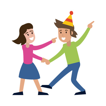 Couple dancing and smiling with birthday hats vector illustration graphic designのイラスト素材