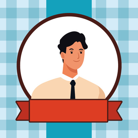 man avatar cartoon character portrait profile style  round frame with red ribbon banner over blue background vector illustration graphic designのイラスト素材