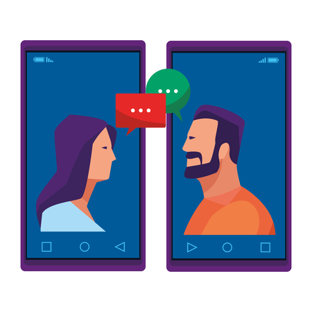 cellphones showing a couple avatar cartoon character portrait and speech bubbles vector illustration graphic designのイラスト素材