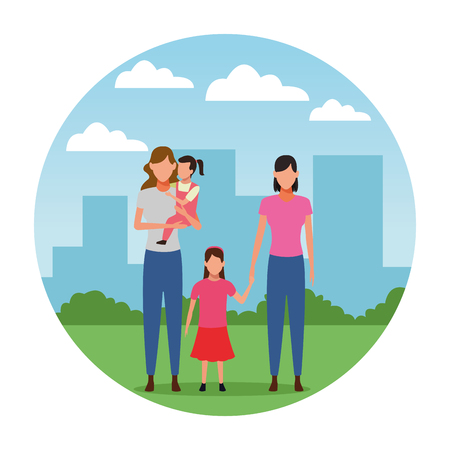 women with children holding hand and carrying on arms avatar cartoon character   at cityscape round icon vector illustration graphic designのイラスト素材