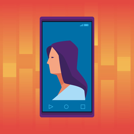 cellphone showing a woman avatar cartoon character portrait with orange pop art background vector illustration graphic designのイラスト素材