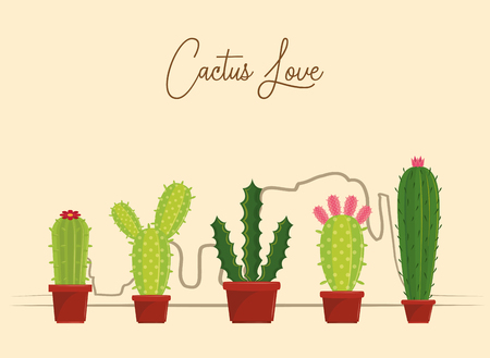 Cactus love card with succulents plant pots cartoons vector illustration graphic designのイラスト素材