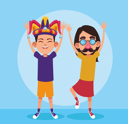April fools boy and girl with glasses nose and mustache cartoon vector illustration graphic designのイラスト素材