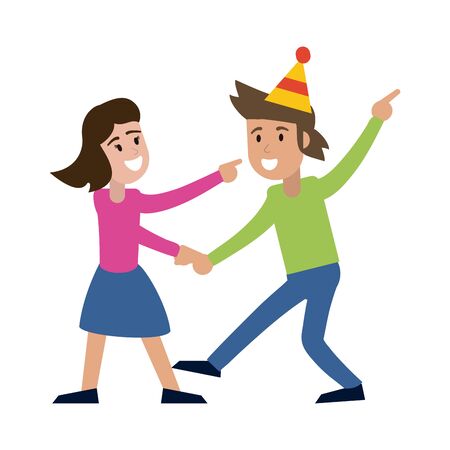 Couple dancing and smiling with birthday hats vector illustration graphic designのイラスト素材