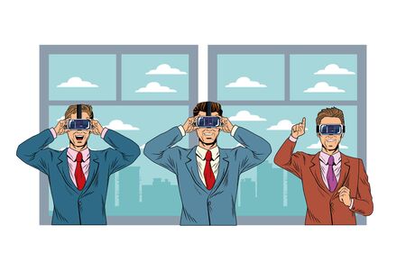 men with virtual reality headset and cellphone avatar cartoon character window background vector illustration graphic designのイラスト素材