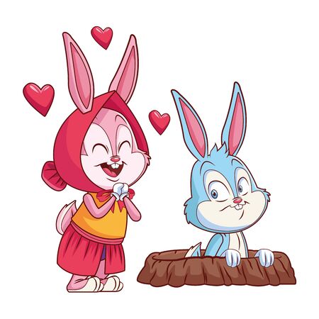 Cute easter bunny happy friends rabbit hole in love hearts excited vector illustration graphic designのイラスト素材