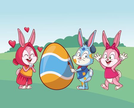 Cute easter bunny happy friends in love hearts excited artist painter with beret nature background bushes vector illustration graphic designのイラスト素材