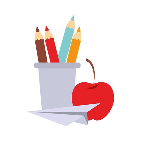 Back to school education pencils in cup with apple and paper plane cartoons vector illustration graphic designのイラスト素材