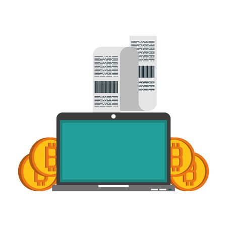 Bitcoin cryptocurrency online payment laptop and coins with bill symbols vector illustration graphic designのイラスト素材