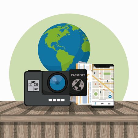 Travel and tourism camera smartphone and world elements on wooden floor cartoons vector illustration graphic designのイラスト素材