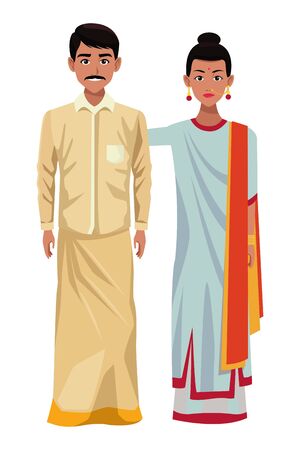 indian couple wearing traditional hindu clothes man with moustache woman with sari and jewelry profile picture avatar cartoon character portrait vector illustration graphic designのイラスト素材