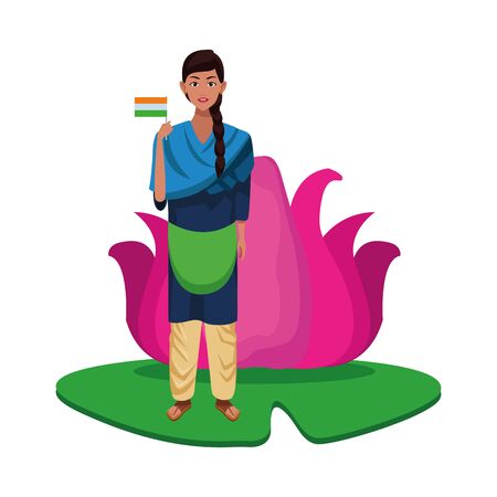 indian woman wearing traditional hindu clothes woman with braid wit little flag and big lotus flower behind profile picture avatarのイラスト素材