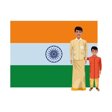indian family man with moustache with young boy and big indian flag behind profile picture avatar cartoon character portrait vector illustration graphic designのイラスト素材