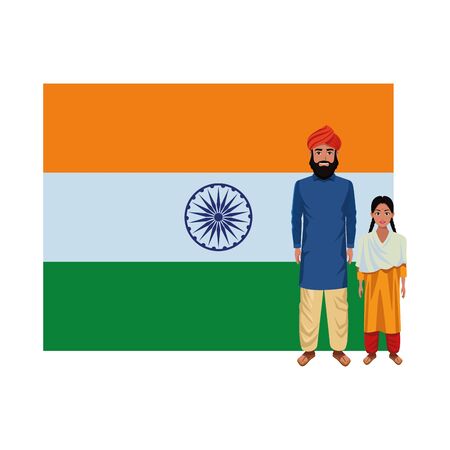 indian family man with beard and turban young girl with sari and big indian flag behind profile picture avatar cartoon character portrait vector illustration graphic designのイラスト素材