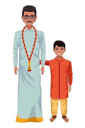 indian family man with moustache, glasses and a big necklace next to young boy wearing traditional hindu clothes profile picture avatar cartoon character portrait vector illustration graphic designのイラスト素材