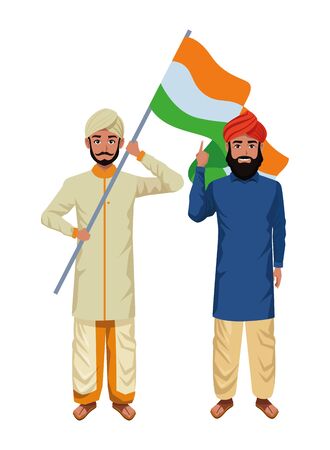two indian men wearing traditional indian clothes men with beard and turban holding indian flag profile picture avatar cartoon character portrait vector illustration graphic designのイラスト素材
