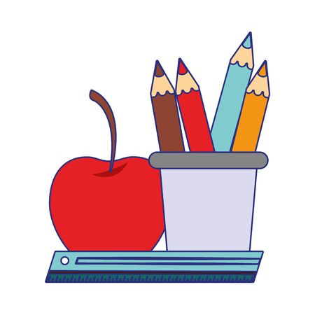 Back to school utensils pens in cup with apple and ruler cartoons vector illustration graphic designのイラスト素材