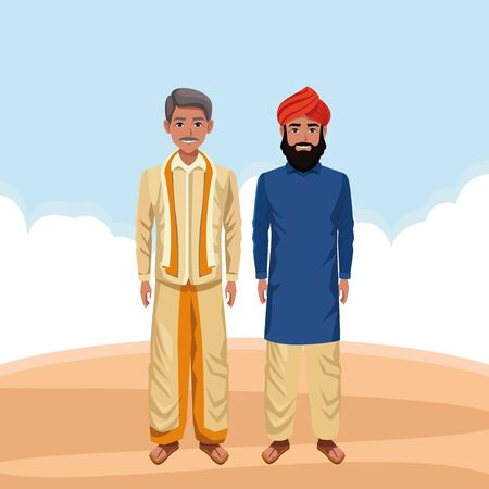 indian indian men wearing traditional hindu clothes man with moustache and man with beard and turban profile picture avatarのイラスト素材