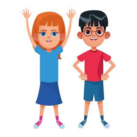two young little kids girl with hands up and boy with glasses avatar carton character vector illustration graphic designのイラスト素材