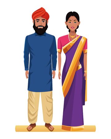 indian couple wearing traditional hindu clothes man with beard and turban and woman wearing sari and jewelry profile pictureのイラスト素材