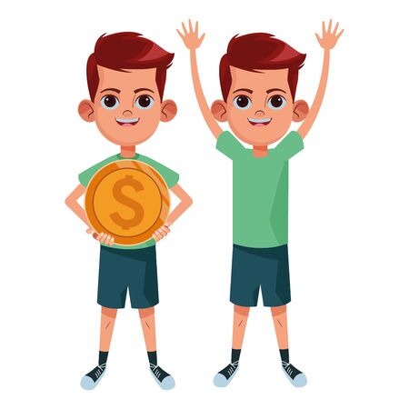 two young little kids boy with hands up and boy carrying a big coin avatar carton character vector illustration graphic designのイラスト素材