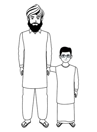 indian family man with beard and turban with young boy and glasses in black and white profile picture avatar cartoon character portrait vector illustration graphic designのイラスト素材
