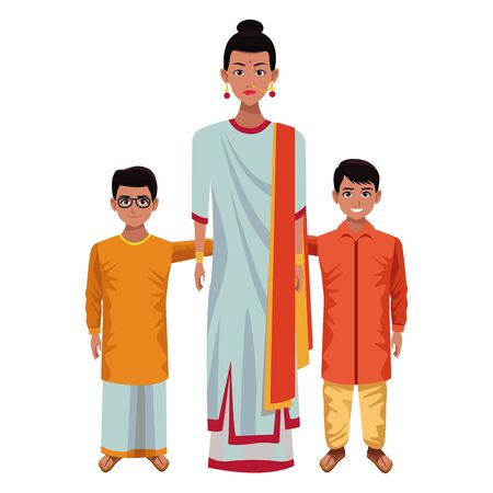 indian family woman with sari and big earrings next to two young boys with glasses and skirt wearing traditional hinduのイラスト素材