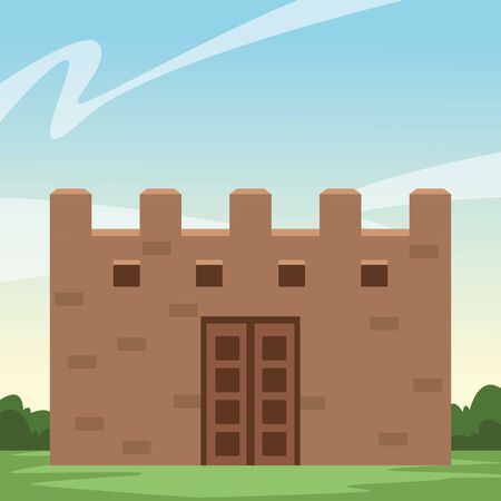 mexican traditional culture mexican castle icon cartoon over the grass with shruberry and blue sky vector illustration graphic designのイラスト素材