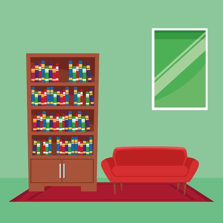 furniture house interior with couch and bookshelf over carpet indoor window colorful background icon cartoon vector illustration graphic designのイラスト素材