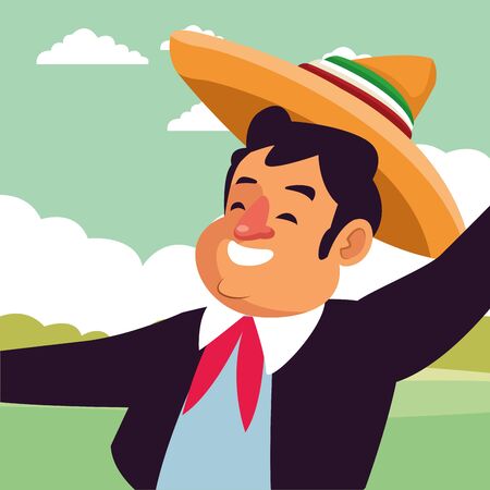 mexican traditional culture mariachis with dancer woman with flower in her hair, man with moustache, mexican hat and guitar and man with moustache, mexican hat and trumpet avatar cartoon character vector illustration graphic designのイラスト素材