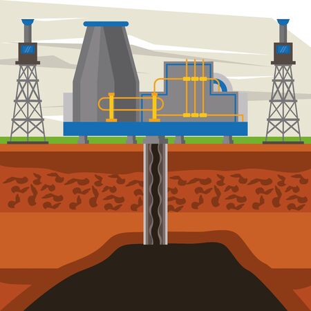 Fracking zone, oil pump with tank extracting petroleum from suboil with pipes. vector illustration graphic designのイラスト素材
