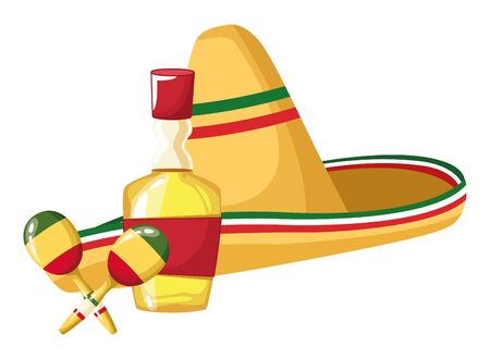 mexican food and tradicional culture with a mexican hat, macaras and tequila bottle icon cartoon vector illustration graphic designのイラスト素材