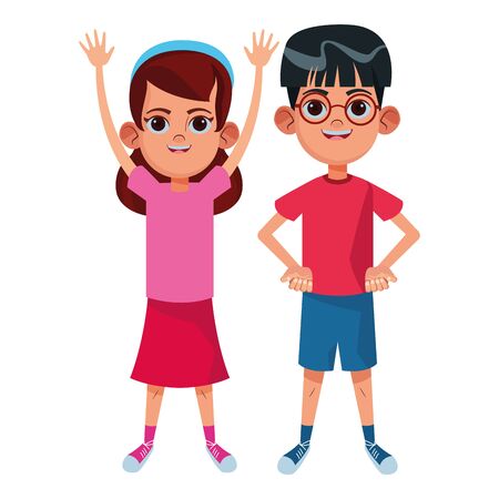 two young little kids girl with hands up wearing bandana and boy with glasses avatar carton character vector illustration graphic designのイラスト素材