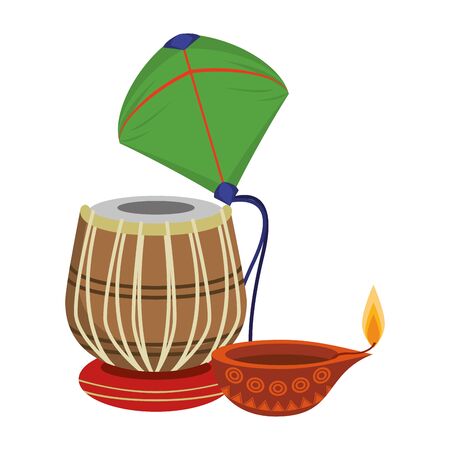 Indian tabla drum with kite and oil candle vector illustration graphic designのイラスト素材