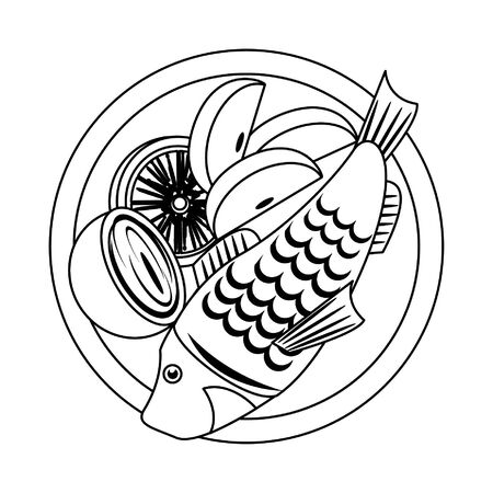 Healthy food and delicious ingredients fish and salad on dish topview vector illustration graphic designのイラスト素材