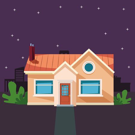 house building with plant cityscape silhouette at night with starry sky vector illustration graphic designのイラスト素材