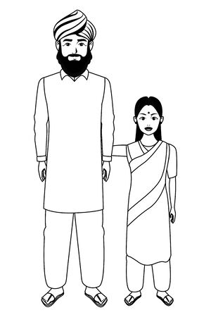 indian family man with beard and turban young girl with sari in black and white profile picture avatar cartoon character portrait vector illustration graphic designのイラスト素材